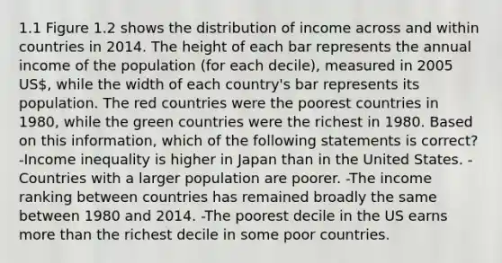 1.1 Figure 1.2 shows the distribution of income across and within countries in 2014. The height of each bar represents the annual income of the population (for each decile), measured in 2005 US, while the width of each country's bar represents its population. The red countries were the poorest countries in 1980, while the green countries were the richest in 1980. Based on this information, which of the following statements is correct? -Income inequality is higher in Japan than in the United States. -Countries with a larger population are poorer. -The income ranking between countries has remained broadly the same between 1980 and 2014. -The poorest decile in the US earns more than the richest decile in some poor countries.