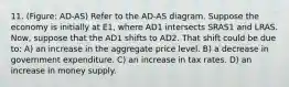 11. (Figure: AD-AS) Refer to the AD-AS diagram. Suppose the economy is initially at E1, where AD1 intersects SRAS1 and LRAS. Now, suppose that the AD1 shifts to AD2. That shift could be due to: A) an increase in the aggregate price level. B) a decrease in government expenditure. C) an increase in tax rates. D) an increase in money supply.