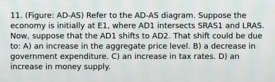 11. (Figure: AD-AS) Refer to the AD-AS diagram. Suppose the economy is initially at E1, where AD1 intersects SRAS1 and LRAS. Now, suppose that the AD1 shifts to AD2. That shift could be due to: A) an increase in the aggregate price level. B) a decrease in government expenditure. C) an increase in tax rates. D) an increase in money supply.