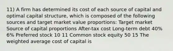 11) A firm has determined its cost of each source of capital and optimal capital structure, which is composed of the following sources and target market value proportions: Target market Source of capital proportions After-tax cost Long-term debt 40% 6% Preferred stock 10 11 Common stock equity 50 15 The weighted average cost of capital is