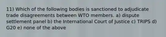 11) Which of the following bodies is sanctioned to adjudicate trade disagreements between WTO members. a) dispute settlement panel b) the International Court of Justice c) TRIPS d) G20 e) none of the above