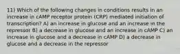 11) Which of the following changes in conditions results in an increase in cAMP receptor protein (CRP) mediated initiation of transcription? A) an increase in glucose and an increase in the repressor B) a decrease in glucose and an increase in cAMP C) an increase in glucose and a decrease in cAMP D) a decrease in glucose and a decrease in the repressor