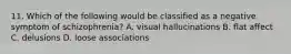 11. Which of the following would be classified as a negative symptom of schizophrenia? A. visual hallucinations B. flat affect C. delusions D. loose associations