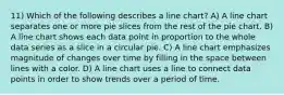 11) Which of the following describes a line chart? A) A line chart separates one or more pie slices from the rest of the pie chart. B) A line chart shows each data point in proportion to the whole data series as a slice in a circular pie. C) A line chart emphasizes magnitude of changes over time by filling in the space between lines with a color. D) A line chart uses a line to connect data points in order to show trends over a period of time.