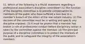 11. Which of the following is a FALSE statement regarding a professional association's discipline committee? (1) The function of the discipline committee is to provide compensation to members of the public who have suffered a loss due to a member's breach of the ethics of the real estate industry. (2) The decision of the committee must be in writing and specify any discipline imposed. (3) It must be proven that a member has broken a rule of professional conduct before disciplinary action is taken by the committee against the member. (4) The principal purpose of a discipline committee is to protect the interests of the public and to safeguard the integrity of the association's members.