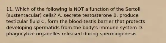 11. Which of the following is NOT a function of the Sertoli (sustentacular) cells? A. secrete testosterone B. produce testicular fluid C. form the blood-testis barrier that protects developing spermatids from the body's immune system D. phagocytize organelles released during spermiogenesis