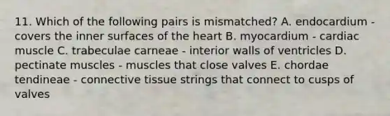 11. Which of the following pairs is mismatched? A. endocardium - covers the inner surfaces of <a href='https://www.questionai.com/knowledge/kya8ocqc6o-the-heart' class='anchor-knowledge'>the heart</a> B. myocardium - cardiac muscle C. trabeculae carneae - interior walls of ventricles D. pectinate muscles - muscles that close valves E. chordae tendineae - <a href='https://www.questionai.com/knowledge/kYDr0DHyc8-connective-tissue' class='anchor-knowledge'>connective tissue</a> strings that connect to cusps of valves