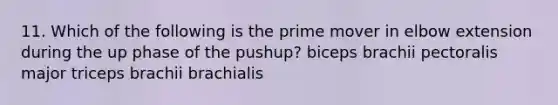 11. Which of the following is the prime mover in elbow extension during the up phase of the pushup? biceps brachii pectoralis major triceps brachii brachialis