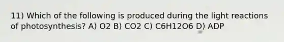 11) Which of the following is produced during the light reactions of photosynthesis? A) O2 B) CO2 C) C6H12O6 D) ADP