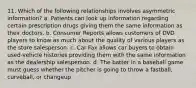 11. Which of the following relationships involves asymmetric information? a. Patients can look up information regarding certain prescription drugs giving them the same information as their doctors. b. Consumer Reports allows customers of DVD players to know as much about the quality of various players as the store salesperson. c. Car Fax allows car buyers to obtain used-vehicle histories providing them with the same information as the dealership salesperson. d. The batter in a baseball game must guess whether the pitcher is going to throw a fastball, curveball, or changeup