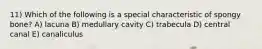 11) Which of the following is a special characteristic of spongy bone? A) lacuna B) medullary cavity C) trabecula D) central canal E) canaliculus