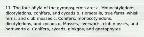 11. The four phyla of the gymnosperms are: a. Monocotyledons, dicotyledons, conifers, and cycads b. Horsetails, true ferns, whisk ferns, and club mosses c. Conifers, monocotyledons, dicotyledons, and cycads d. Mosses, liverworts, club mosses, and hornworts e. Conifers, cycads, ginkgos, and gnetophytes