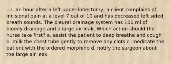 11. an hour after a left upper lobectomy, a client complains of incisional pain at a level 7 out of 10 and has decreased left sided breath sounds. The pleural drainage system has 100 ml of bloody drainage and a large air leak. Which action should the nurse take first? a. assist the patient to deep breathe and cough b. milk the chest tube gently to remove any clots c. medicate the patient with the ordered morphine d. notify the surgeon about the large air leak