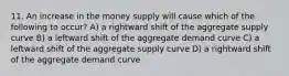 11. An increase in the money supply will cause which of the following to occur? A) a rightward shift of the aggregate supply curve B) a leftward shift of the aggregate demand curve C) a leftward shift of the aggregate supply curve D) a rightward shift of the aggregate demand curve