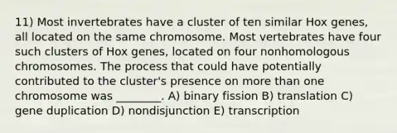 11) Most invertebrates have a cluster of ten similar Hox genes, all located on the same chromosome. Most vertebrates have four such clusters of Hox genes, located on four nonhomologous chromosomes. The process that could have potentially contributed to the cluster's presence on more than one chromosome was ________. A) binary fission B) translation C) gene duplication D) nondisjunction E) transcription