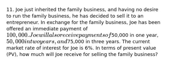 11. Joe just inherited the family business, and having no desire to run the family business, he has decided to sell it to an entrepreneur. In exchange for the family business, Joe has been offered an immediate payment of 100,000. Joe will also receive payments of50,000 in one year, 50,000 in two years, and75,000 in three years. The current market rate of interest for Joe is 6%. In terms of present value (PV), how much will Joe receive for selling the family business?