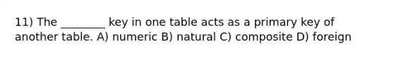 11) The ________ key in one table acts as a primary key of another table. A) numeric B) natural C) composite D) foreign