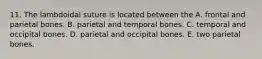 11. The lambdoidal suture is located between the A. frontal and parietal bones. B. parietal and temporal bones. C. temporal and occipital bones. D. parietal and occipital bones. E. two parietal bones.