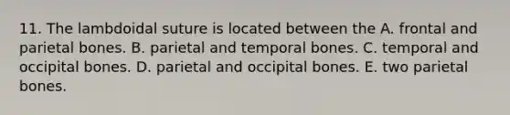 11. The lambdoidal suture is located between the A. frontal and parietal bones. B. parietal and temporal bones. C. temporal and occipital bones. D. parietal and occipital bones. E. two parietal bones.