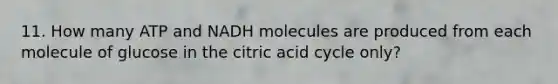 11. How many ATP and NADH molecules are produced from each molecule of glucose in the citric acid cycle only?