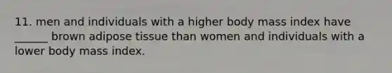 11. men and individuals with a higher body mass index have ______ brown adipose tissue than women and individuals with a lower body mass index.