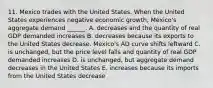 11. Mexico trades with the United States. When the United States experiences negative economic growth, Mexico's aggregate demand ______. A. decreases and the quantity of real GDP demanded increases B. decreases because its exports to the United States decrease. Mexico's AD curve shifts leftward C. is unchanged, but the price level falls and quantity of real GDP demanded increases D. is unchanged, but aggregate demand decreases in the United States E. increases because its imports from the United States decrease