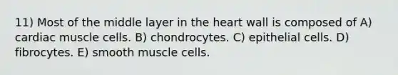 11) Most of the middle layer in the heart wall is composed of A) cardiac muscle cells. B) chondrocytes. C) epithelial cells. D) fibrocytes. E) smooth muscle cells.