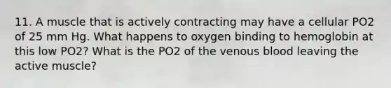 11. A muscle that is actively contracting may have a cellular PO2 of 25 mm Hg. What happens to oxygen binding to hemoglobin at this low PO2? What is the PO2 of the venous blood leaving the active muscle?