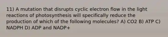 11) A mutation that disrupts cyclic electron flow in the light reactions of photosynthesis will specifically reduce the production of which of the following molecules? A) CO2 B) ATP C) NADPH D) ADP and NADP+