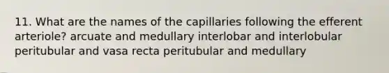 11. What are the names of the capillaries following the efferent arteriole? arcuate and medullary interlobar and interlobular peritubular and vasa recta peritubular and medullary