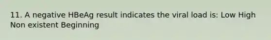 11. A negative HBeAg result indicates the viral load is: Low High Non existent Beginning