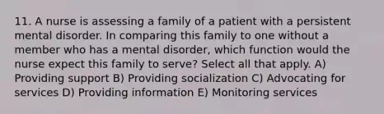 11. A nurse is assessing a family of a patient with a persistent mental disorder. In comparing this family to one without a member who has a mental disorder, which function would the nurse expect this family to serve? Select all that apply. A) Providing support B) Providing socialization C) Advocating for services D) Providing information E) Monitoring services