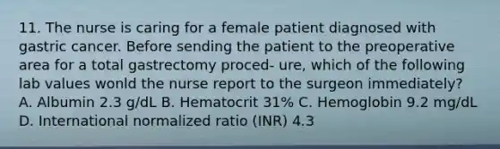 11. The nurse is caring for a female patient diagnosed with gastric cancer. Before sending the patient to the preoperative area for a total gastrectomy proced- ure, which of the following lab values wonld the nurse report to the surgeon immediately? A. Albumin 2.3 g/dL B. Hematocrit 31% C. Hemoglobin 9.2 mg/dL D. International normalized ratio (INR) 4.3