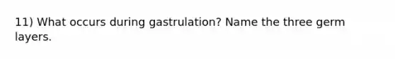 11) What occurs during gastrulation? Name the three germ layers.