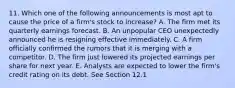 11. Which one of the following announcements is most apt to cause the price of a firm's stock to increase? A. The firm met its quarterly earnings forecast. B. An unpopular CEO unexpectedly announced he is resigning effective immediately. C. A firm officially confirmed the rumors that it is merging with a competitor. D. The firm just lowered its projected earnings per share for next year. E. Analysts are expected to lower the firm's credit rating on its debt. See Section 12.1