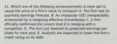 11. Which one of the following announcements is most apt to cause the price of a firm's stock to increase? A. The firm met its quarterly earnings forecast. B. An unpopular CEO unexpectedly announced he is resigning effective immediately. C. A firm officially confirmed the rumors that it is merging with a competitor. D. The firm just lowered its projected earnings per share for next year. E. Analysts are expected to lower the firm's credit rating on its debt.