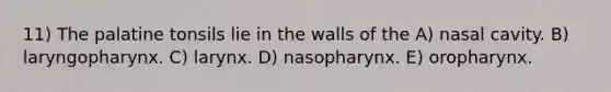 11) The palatine tonsils lie in the walls of the A) nasal cavity. B) laryngopharynx. C) larynx. D) nasopharynx. E) oropharynx.