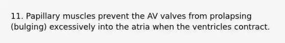 11. Papillary muscles prevent the AV valves from prolapsing (bulging) excessively into the atria when the ventricles contract.