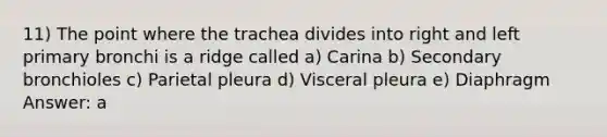 11) The point where the trachea divides into right and left primary bronchi is a ridge called a) Carina b) Secondary bronchioles c) Parietal pleura d) Visceral pleura e) Diaphragm Answer: a