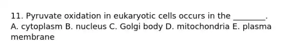 11. Pyruvate oxidation in eukaryotic cells occurs in the ________. A. cytoplasm B. nucleus C. Golgi body D. mitochondria E. plasma membrane