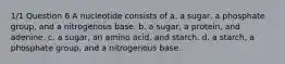 1/1 Question 6 A nucleotide consists of a. a sugar, a phosphate group, and a nitrogenous base. b. a sugar, a protein, and adenine. c. a sugar, an amino acid, and starch. d. a starch, a phosphate group, and a nitrogenous base.