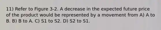 11) Refer to Figure 3-2. A decrease in the expected future price of the product would be represented by a movement from A) A to B. B) B to A. C) S1 to S2. D) S2 to S1.