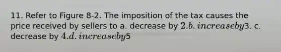 11. Refer to Figure 8-2. The imposition of the tax causes the price received by sellers to a. decrease by 2. b. increase by3. c. decrease by 4. d. increase by5