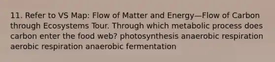 11. Refer to VS Map: Flow of Matter and Energy—Flow of Carbon through Ecosystems Tour. Through which metabolic process does carbon enter the food web? photosynthesis anaerobic respiration aerobic respiration anaerobic fermentation