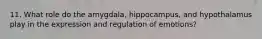 11. What role do the amygdala, hippocampus, and hypothalamus play in the expression and regulation of emotions?