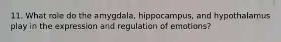 11. What role do the amygdala, hippocampus, and hypothalamus play in the expression and regulation of emotions?