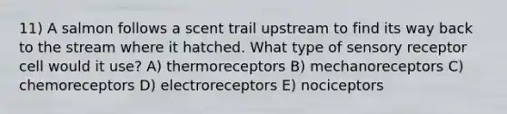 11) A salmon follows a scent trail upstream to find its way back to the stream where it hatched. What type of sensory receptor cell would it use? A) thermoreceptors B) mechanoreceptors C) chemoreceptors D) electroreceptors E) nociceptors