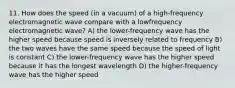 11. How does the speed (in a vacuum) of a high-frequency electromagnetic wave compare with a lowfrequency electromagnetic wave? A) the lower-frequency wave has the higher speed because speed is inversely related to frequency B) the two waves have the same speed because the speed of light is constant C) the lower-frequency wave has the higher speed because it has the longest wavelength D) the higher-frequency wave has the higher speed