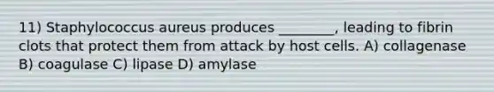 11) Staphylococcus aureus produces ________, leading to fibrin clots that protect them from attack by host cells. A) collagenase B) coagulase C) lipase D) amylase