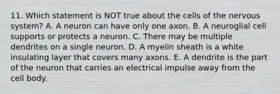 11. Which statement is NOT true about the cells of the nervous system? A. A neuron can have only one axon. B. A neuroglial cell supports or protects a neuron. C. There may be multiple dendrites on a single neuron. D. A myelin sheath is a white insulating layer that covers many axons. E. A dendrite is the part of the neuron that carries an electrical impulse away from the cell body.